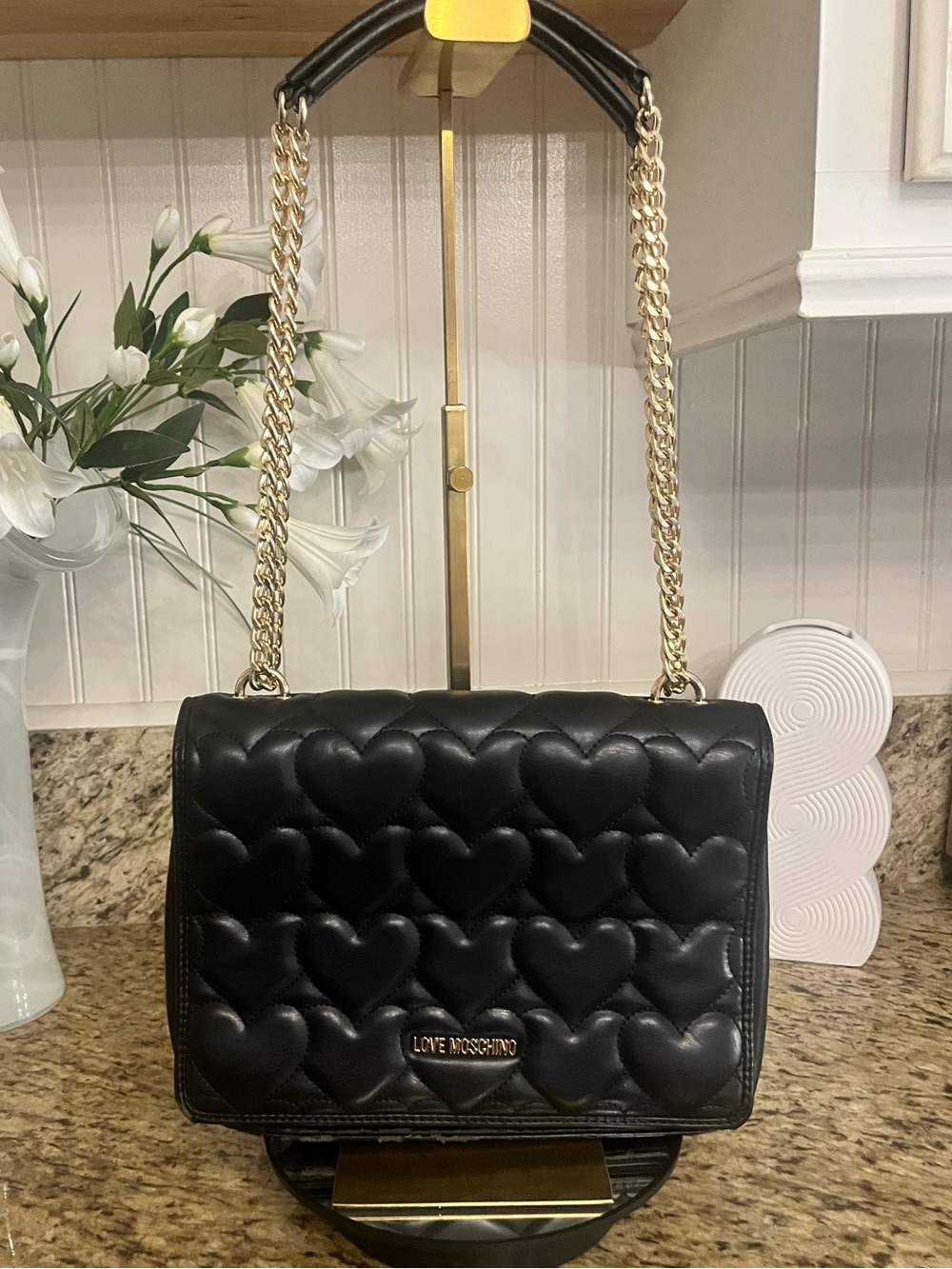 Love Moschino Black Quilted Heart 2-way Shoulder/crossbody Bag with Gold Chain